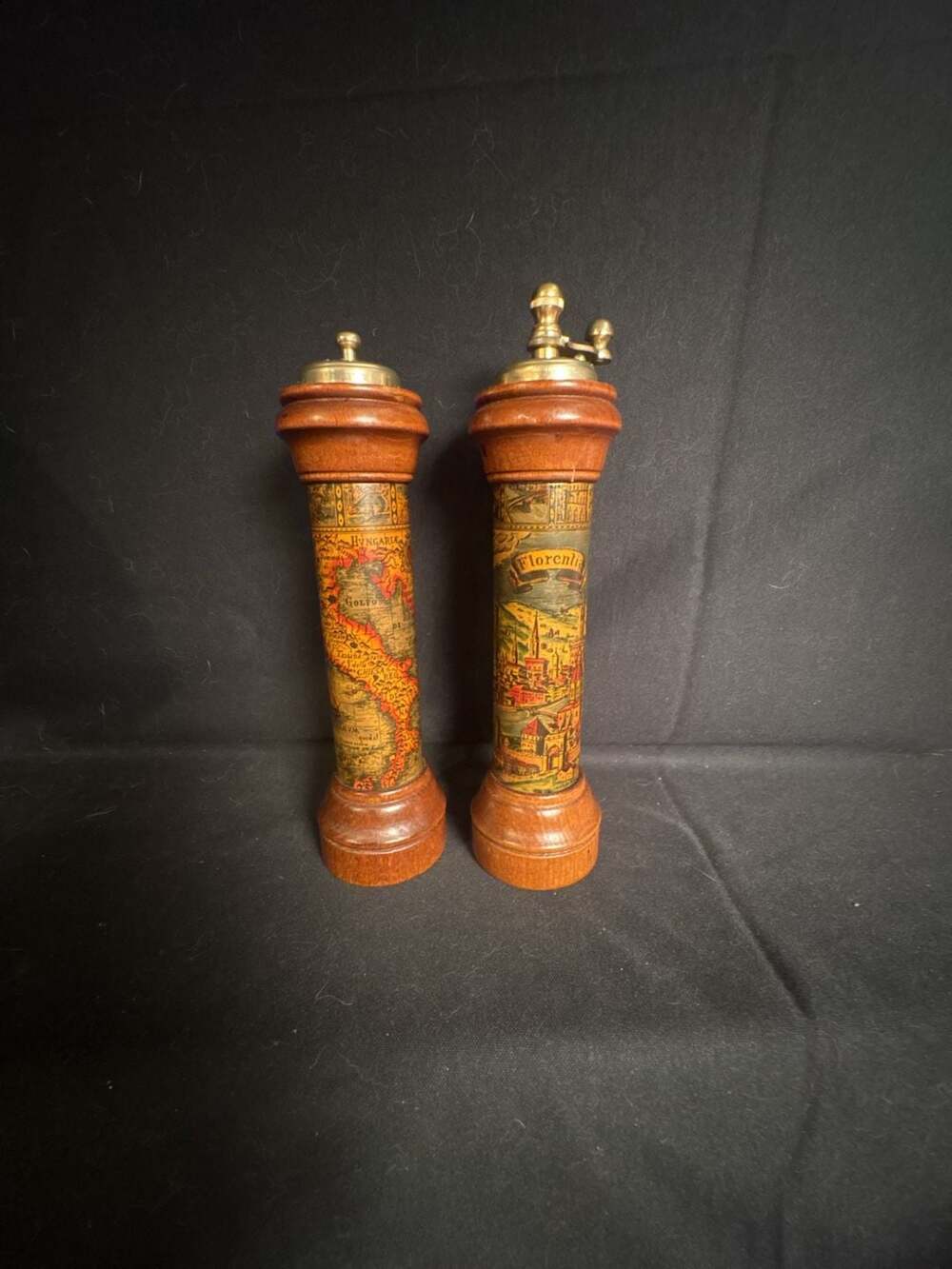 Vintage Italian Florentine Wooden Pepper Grinder and Salt Shaker Map Design
